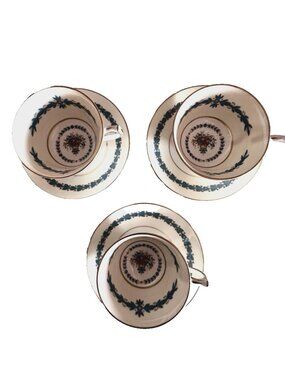 Set 3 Bone China Ansley Cup & Wedgwood "Appledore" Saucer Green Stamp Brown Urn